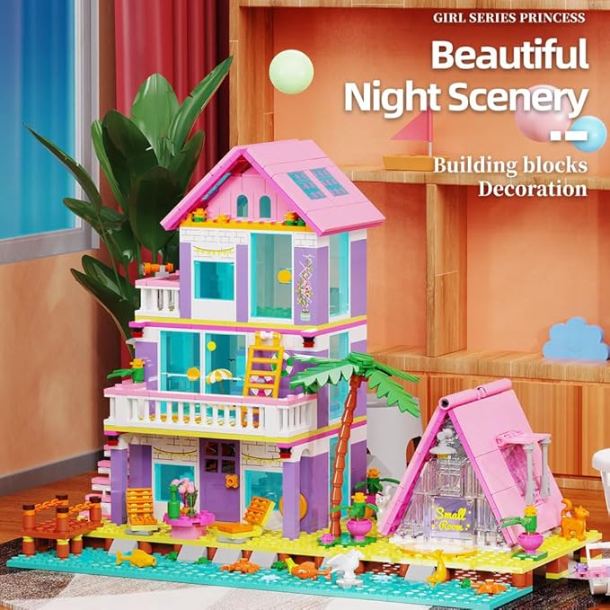 Girl Beach House Building Blocks Toys for Girls Age 8+, Seaside Villa Friends Building Set with Light, 791pcs Mini Bricks