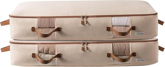 Canvas Storage Bags Designer Organizer for Underbed 2 Pack – Seasonal Storage for Sweaters, Blankets, Linens & Garments – Foldable Design with Zip & Window, Moth-Proof Space Saver