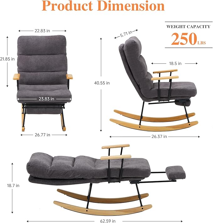 Rocking Chair with Footrest-Glider Rocker Chair with Retractable Footrest and Adjustable Backrest, Teddy Upholstered Rocking Chair, Modern Accent Chair for Living Room/Nursery/Bedroom/Outdoor-Grey