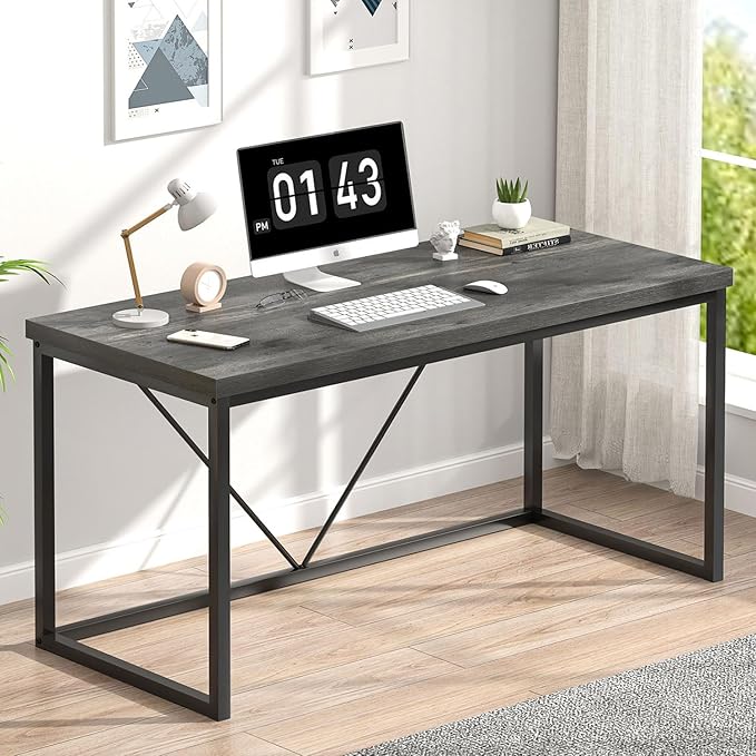 EXCEFUR Modern Home Office Desk, Wood and Metal Computer Desk, Industrial Writing Study Gaming Table for Living Room Bedroom, Rustic Grey, 53 inch