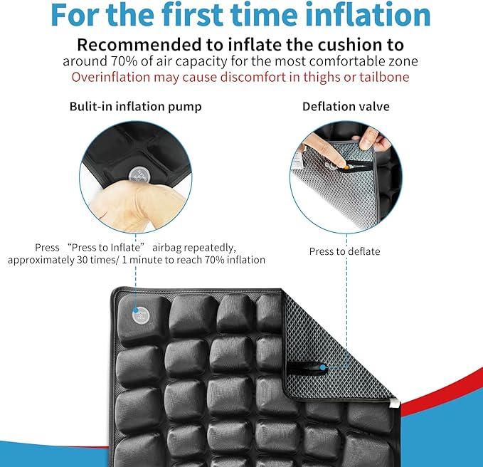 Inflatable Travel Seat Cushion with Built-in Pump & Carry Bag - Portable and Adjustable for use in Airplane, Car, Train, Truck, Office, Home - Coccyx, Sciatica, Tailbone Pain Relief (Black)