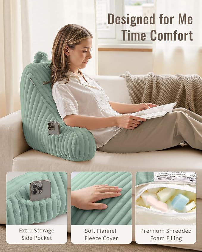Blissful Diary Reading Pillow for Sitting in Bed, Large Flannel Back Pillow Bed Sitting Up for Adult & Children, Backrest Cushion for Sit Up in Couch or Floor, Dorm Essentials, Mint Green