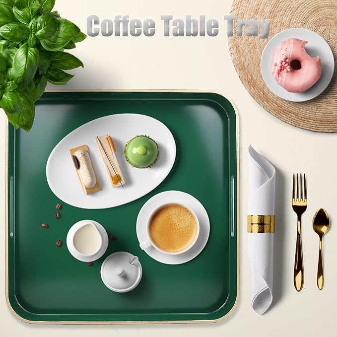 Omuriko Green Square Decorative Tray with Handles, 13"*13" Versatile Serving Tray for Coffee Table, Ottoman, Ideal for Serving, Displaying, Organizing