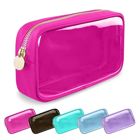 Clear Small Makeup Bag with Zipper, Nylon&PVC Cosmetic Travel Bag Preppy TSA Approved Toiletry Bag for Women Girls, Transparent Waterproof Makeup Pouches Cute Travel Bag for Purse(Small-Hot Pink)
