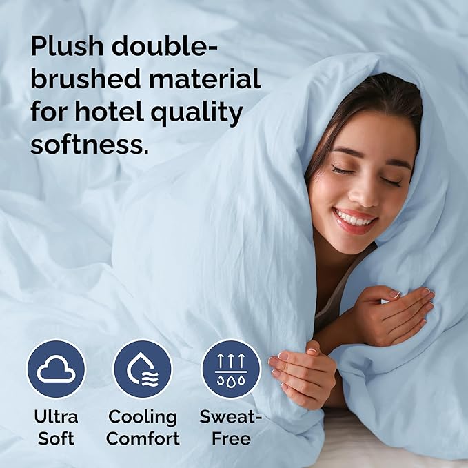 Duvet Cover King Size Set - Extra Soft King Size Duvet Cover 104 x 90 with 2 Pillow Shams - Hotel Luxury Easy Care and Fade Free w/Zipper Closures & Ties - Comfy Breathable Bedding Set (Light Blue)