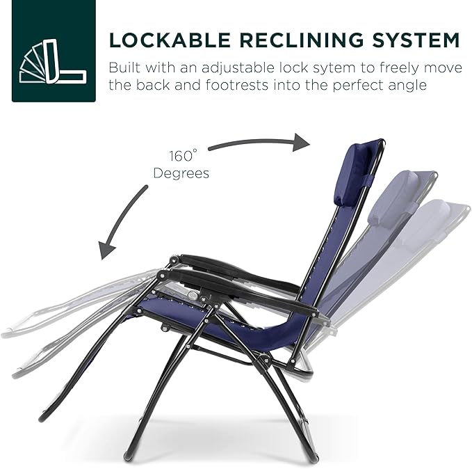 Best Choice Products Oversized Zero Gravity Chair, Folding Outdoor Patio Lounge Recliner w/Cup Holder Accessory Tray, Pillow - Navy