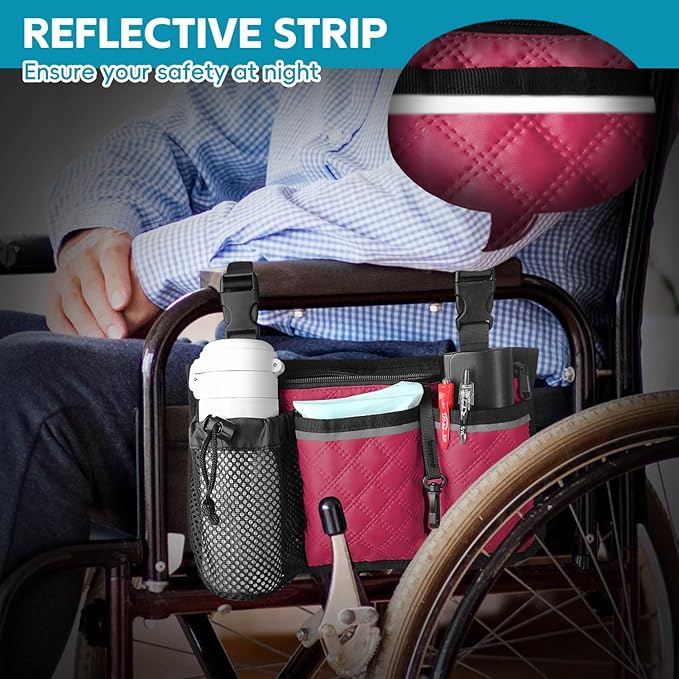 Wheelchair Bag with Cup Holder, Wheelchair Accessories Armrest Side Bag Multi Pockets Pouch for Electric Wheelchairs, Walker, Rollators & Mobility Scooters, Adults, Seniors, Plum
