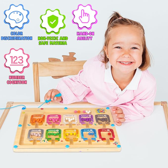 Magnetic Color and Number Maze, Wooden Color Matching Learning Counting Magnet Puzzle Board Montessori Toys, Toddler Educational Fine Motor Skills Learning Toys for Boys Girls 3+ Years Old