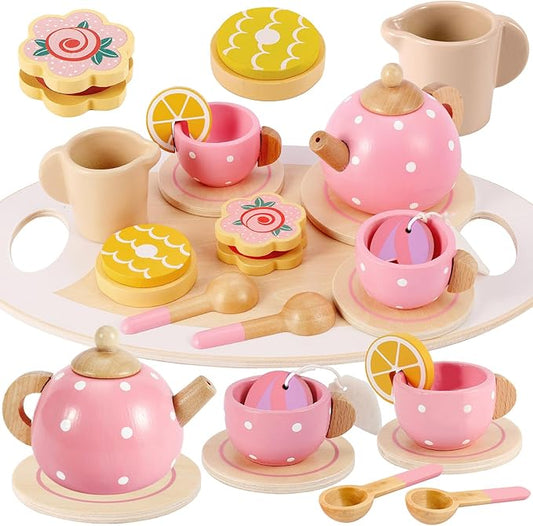 BUYGER Pretend Play Princess Tea Party Set for 3 4 5 6 + Year Old Wooden Kitchen Play Food Accessories Sets Gifts for Toddler Little Girls Boys Age 3-5