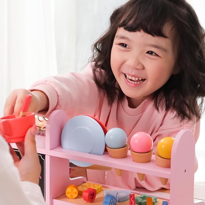 42PCS Wooden Kids Coffee Maker Toy Play Set 3 in 1 Ice Cream Dessert Maker Playset Toy,Pretend Play Food Kitchen Accessories,Montessori Shape Sorter Toy for Girl and Boy