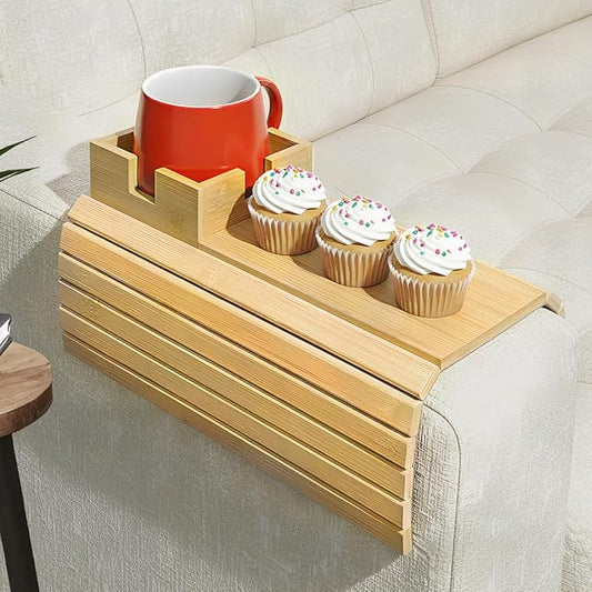 Bamboo Couch Cup Holder & Armrest Tray - Extend Your Comfort with a Secure Drink Slot and Snack Space for Recliner, Loveseat, or Sofa (Large)