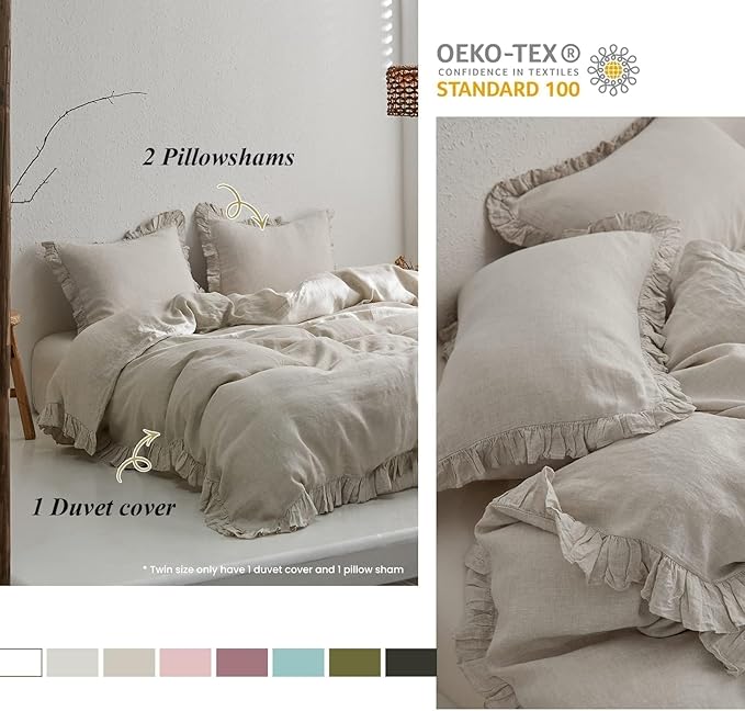 Simple&Opulence 100% Linen Duvet Cover Set, 3 PCS Natural French Flax Ruffle Duvet Cover Queen Size, Breathable Comfy Linen Bedding Comforter Cover with 2 Pillowcases (Natural Linen, 88" X 92")