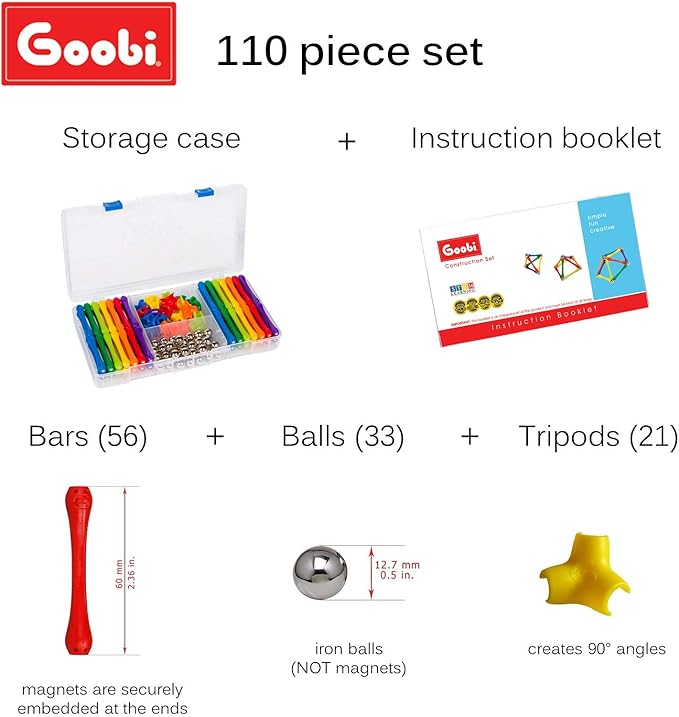 Goobi Magnetic Building Sticks Blocks Toys Magnet Construction Set Tiles Toy Montessori STEM Educational Toys for Ages 3 4 5 6 7 8 Kids (110 Pcs, 110, Pieces)