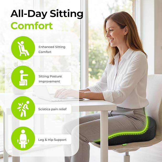 AUVON Gel Seat Cushions for Office Chairs, Ergonomic Memory Foam Chair Cushions for Long-Sitting Support & Sciatica, Back, Tailbone Pain Relief, Breathable Car Seat Cushion with Anti-Slip Base