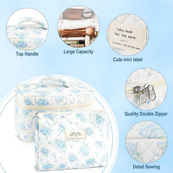 URSKYTOUS 2Pcs Cotton Quilted Makeup Bag for Women Girls Large Small Travel Floral Cosmetic Bags Set Cute Coquette Zipper Makeup Pouch for Purse Aesthetic Cloth Flower Storage Toiletry Bag Organizer