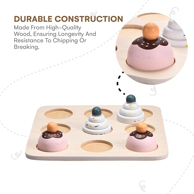 Childlike Behavior Toddler Toys Wood Puzzles - Montessori Toys to Learn Shapes, Colors, & Math Symbols for Preschool Kids, Boys & Girls - Early Educational Development (6 Cupcake pcs)