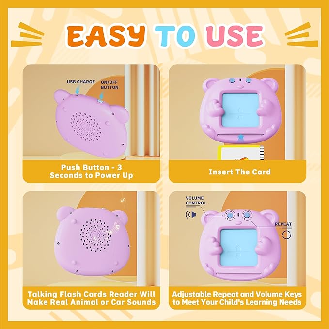 Toddlers Talking Flash Cards, Baby Learning Cards with 224 Sight Words, Educational Toy Gifts for Toddler 3-12 Year Old Boys and Girls, Montessori Toys, Speech Therapy, Autism Sensory Toys, Pink