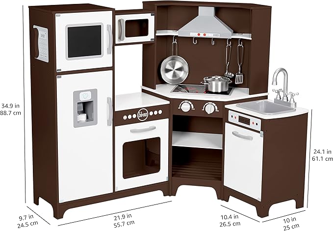Amazon Basics Kids Corner Wooden Kitchen Toy Playset with Stove, Oven, Sink, Fridge and Accessories, for Toddlers, Preschoolers, Children Age 3+ Years, Espresso/Gray, 39.37"L x 28.35"W x 35.04"H