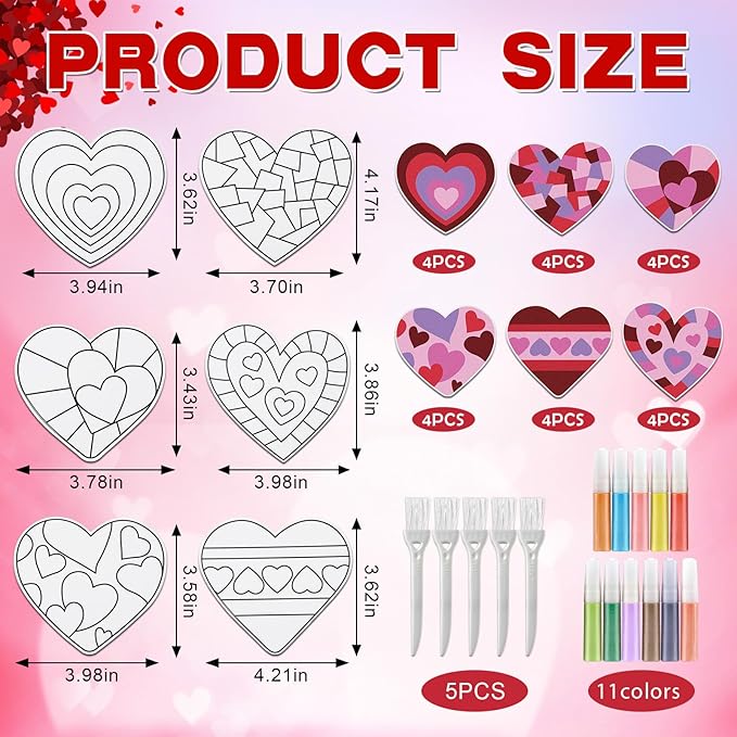 24 Sets Valentine Hearts Sand Art Craft Kit with Colored Sand Brushes DIY Valentine's Day Sand Painting Craft Create Your Own Sand Art for Kids Party Supplies Fun Home Activities