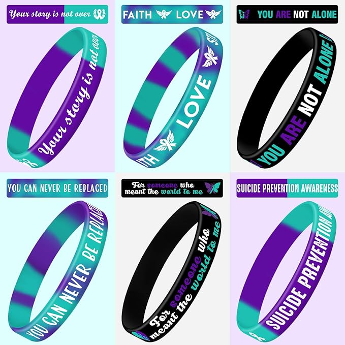 JUNEBRUSHS 42pcs Suicide Prevention Awareness Silicone Wristband Bulk Purple Teal Ribbon Inspirational Rubber Bracelets for Suicide Prevention Awareness Inspirational Favor Charity Campaign Supplies