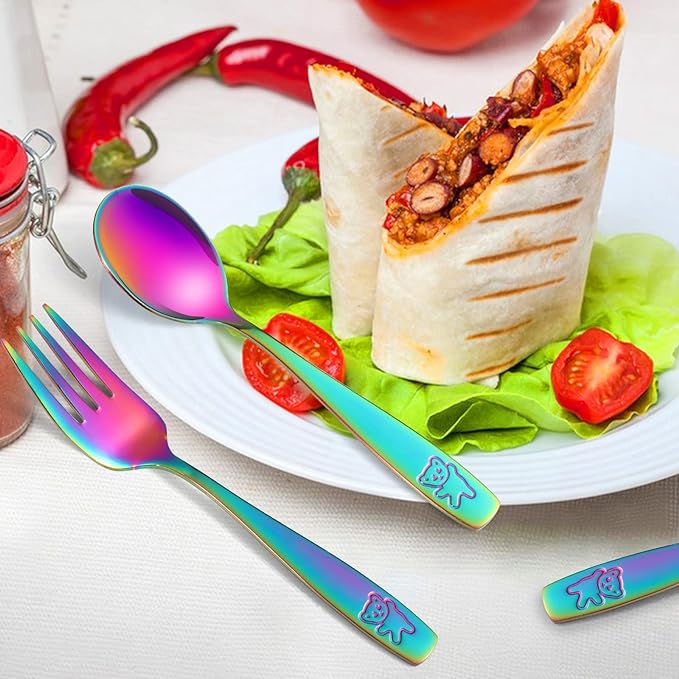 Pimoys 6 Pieces Toddler Utensils Kids Rainbow Silverware Stainless Steel Toddler Forks and Spoons Set, Metal Childrens Safe Flatware Child Cutlery Set, Dishwasher Safe