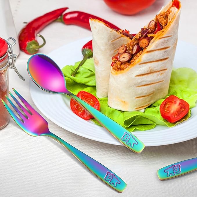 Pimoys 12 Pieces Toddler Utensils Kids Rainbow Silverware Set, Stainless Steel Childrens Safe Forks and Spoons, Metal Kids Cutlery Set, Dishwasher Safe