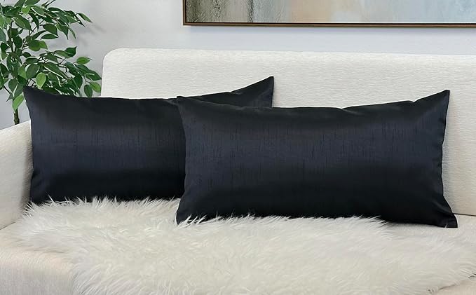 Aiking Home 12x24 Inches Faux Silk Rectangular Throw Pillow Cover, Zipper Closure, Black (Set of 2)
