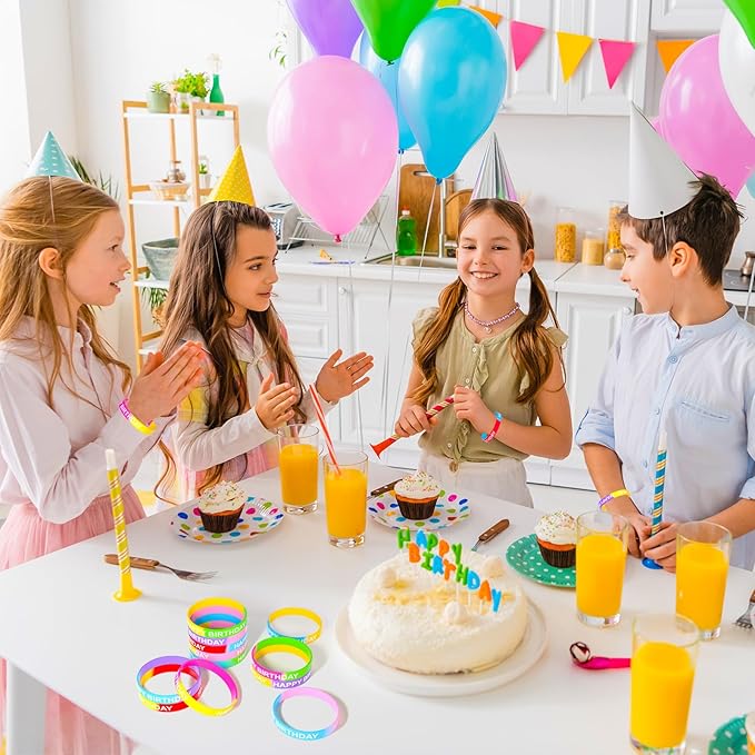 CHRORINE Happy Birthday Rubber Bracelets 12 Styles Silicone Wristbands for Classroom Birthday Party Favors 24 Pieces