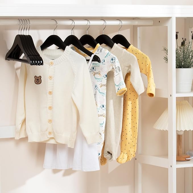 FairyHaus Kids Wooden Hangers 20Pack Black, 12.8 Inch Baby Wooden Hangers for Closet, Anti-Rust 360° Swivel Hook, Notches & Smooth Finish, Natural Solid Wood Childrens Hangers for Clothes