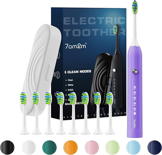 7AM2M Sonic Electric Toothbrush for Adults and Kids, with 8 Brush Heads and Travel Case,5 Modes with 2 Minutes Build in Smart Timer, One Charge Use for 90 Days, Rechargeable Toothbrushes (Purple)