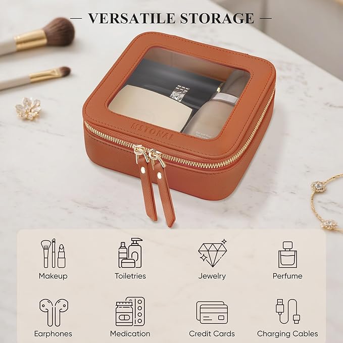 MSTONAL Clear Makeup Bag, Travel Toiletry Bag Cosmetic Case for Women, Waterproof Portable Small Make Up Skincare Pouch with Zipper, Compact Car Organizer Bag for Essentials, Mini Size, Brown