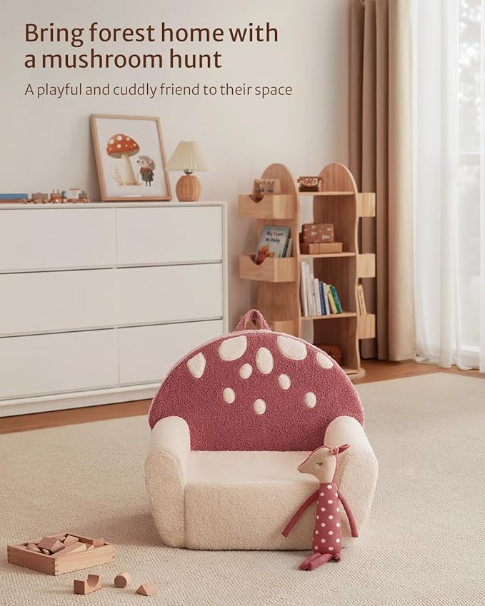 Blissful Diary Toddler Chair Comfy, Foam Kids Chair with Soft Teddy Plush, Toddler Reading Armchair with Cute Mushroom Designs- Rusty Red