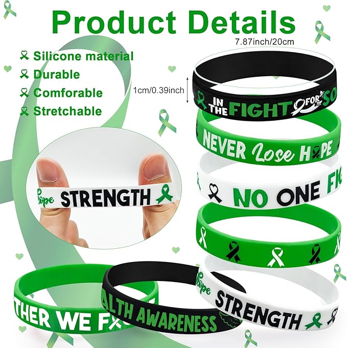 Cinrobiye 60 Pcs Mental Health Awareness Accessories Bulk Include 30 Green Ribbon Bracelets and 30 Button Badges Mental Health Awareness Month Gifts for Teens Adults Party Favors(Green)