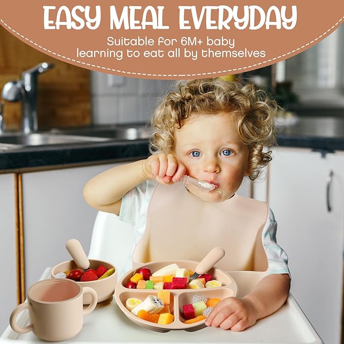 24 Pack Silicone Baby Feeding Set Baby LED Weaning Supplies Includes Suction Divided Plates Soft Bowl Spoons Forks Adjustable Bib Snack Cup and Straws(Walnut Color, Beige, Smoky Gray)