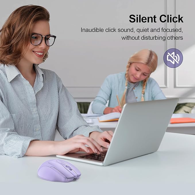 TECKNET Wireless Mouse (BT5.0/3.0 & 2.4G) Rechargeable 4800 DPI Silent USB A & Bluetooth Mouse 6 Buttons, Wide Compatibility - Lavender