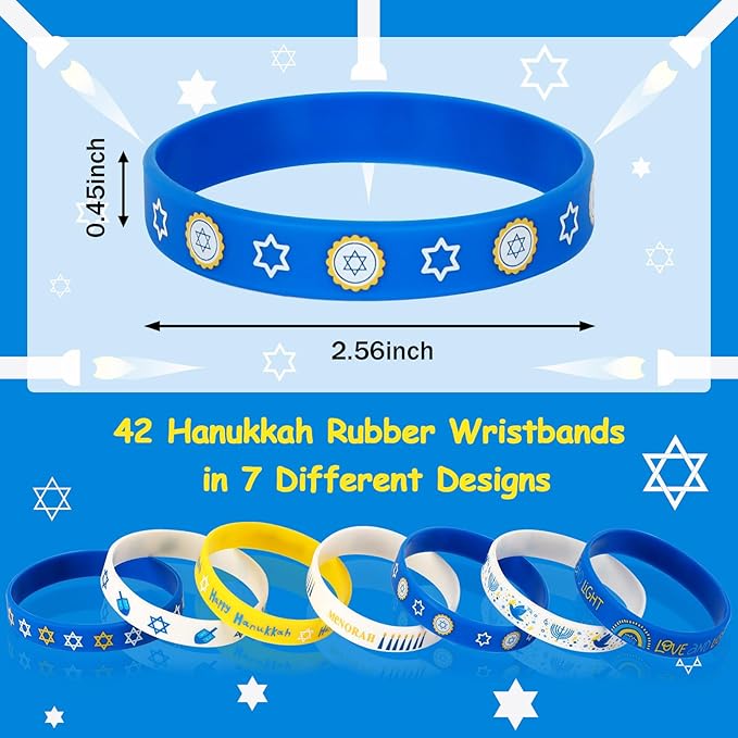 JUNEBRUSHS 42Pcs Hanukkah Party Favors Silicone Bracelets Rubber Chanukkah Wristbands Supplies for Adults Hanukkah Decorations Accessories Goodie Stuffers Fillers(7 Designs)