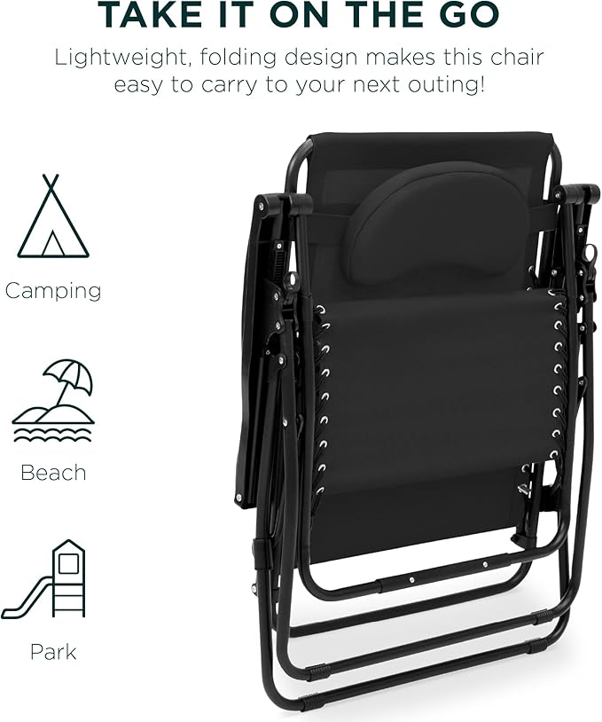 Best Choice Products Oversized Zero Gravity Chair, Folding Outdoor Patio Lounge Recliner w/Cup Holder Accessory Tray, Pillow - Black