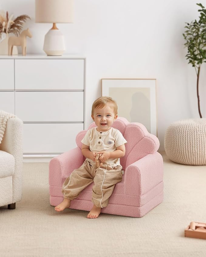 Blissful Diary Kids Couch, 2-in-1 Soft Toddler Couch Fold Out, Toddler Chair Comfy, Convertible Sofa to Lounger with Cute Shell Designs, Pink