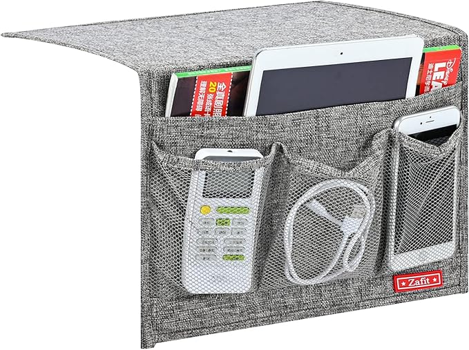 Zafit Linen 4 Pockets Bedside Caddy, Bedside Storage Organizer for Magazine, Remotes, Phone (Classic Grey)
