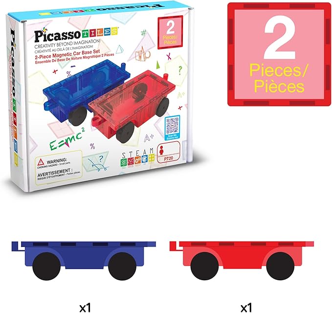 PicassoTiles 2 Piece Car Truck Construction Kit Toy Set Vehicle for Magnetic Blocks Building Tile Sensory Magnet Toys with Re-Enforced Hitch & Long Bed Educational Puzzle Girls Boys Toddlers Ages 3+