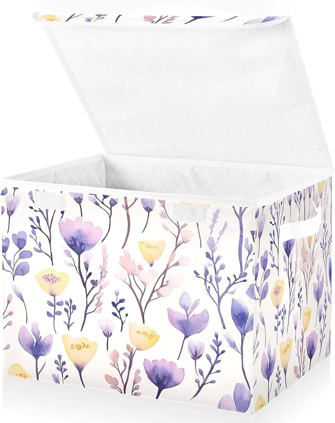 senya Large Storage Bins with Linen Collapsible Foldable Storage Cubes Fabric Closet Organizer Containers box with Flip-Top Lid for Home Bedroom Office 16.7 x 12.6 x 11.8in (Yellow Purple Flower)
