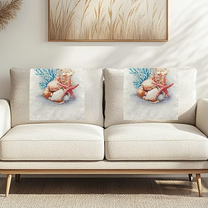 Starfish Recliner Headrest Protector Sea Shells Washable Sofa Headrest Cover Breathable Couch Headrest Covers for Home Office with 10 Twist Pins Set of 2