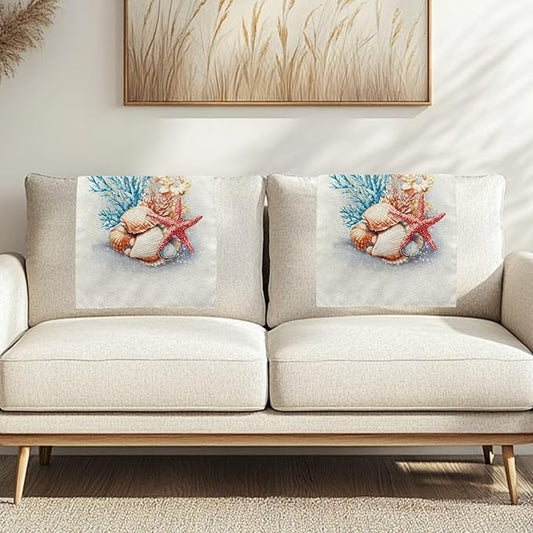 Starfish Recliner Headrest Protector Sea Shells Washable Sofa Headrest Cover Breathable Couch Headrest Covers for Home Office with 10 Twist Pins Set of 2