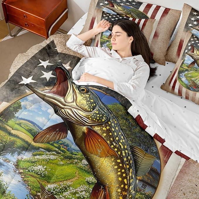 Kids Pike Fish 7 Piece Bedding Set Queen Size Fishing and Hunting Bed in a Bag for Boys Bedroom Decor Bass Big Fish Comforter Set with Sheets,Pillowcases & Pillow Covers Farmhouse Soft