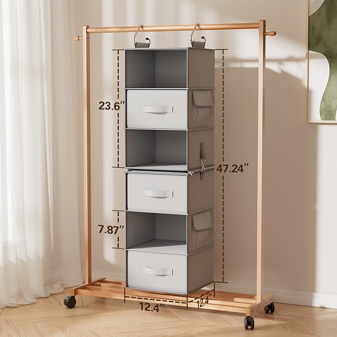 Pipishell 6-Shelf Hanging Closet Organizer with 2 Separable 3-Tier Shelves, 3 Drawers & Side Pockets Closet Organizers and Storage for Wardrobe Organization and Nursery Clothes Organizer, Gray