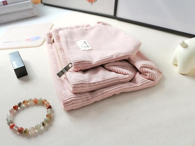 HAPPYHEIDI Large Corduroy Makeup Bag Compartment Cosmetic Toiletry Travel Accessory Pouch Purse Organizer, Soft Creamy Pink