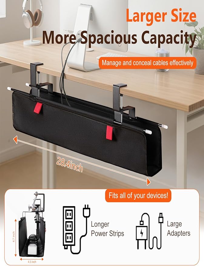 CrsaSwivo No Drill Under Desk Cable Management Tray - 28" Cord Management Under Desk - No Drill Needed - Easy Clamp - Premium Fabric Cable Management Tray for Office/Home