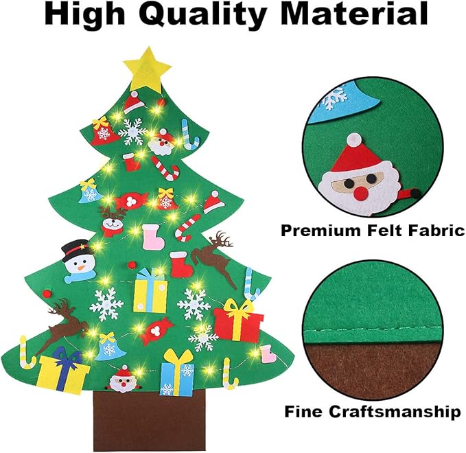 GameXcel 4ft Felt Christmas Tree for Toddlers with LED Light & 36pcs Ornaments, Velcro Montessori DIY Xmas Decorations - 4 Feet