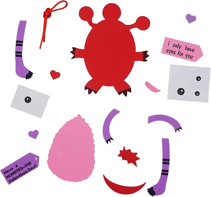 4E's Novelty Valentines Monster Craft Ornament (12 Pack) Foam Valentines Day Crafts for Kids Classroom DIY Card Activity Bulk - Individually Wrapped
