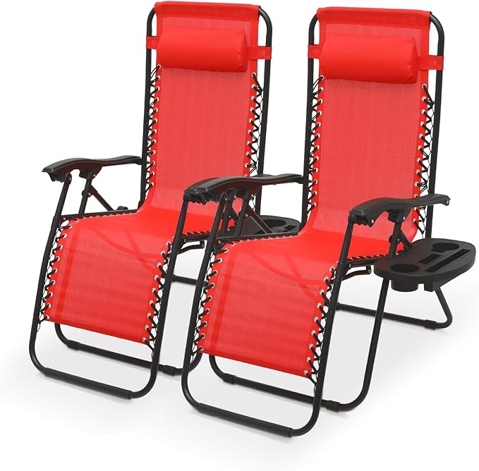 Athena Collection Zero Gravity Outdoor Lounge Chairs Set of 2, 25" Width Pool Lounge Lawn Chairs Reclining with Cup Holder, Outdoor Chaise for Beach Patio Backyard Outside, Red